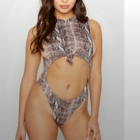 Frankie's Bikinis Belle One Piece Sexy Cutout Thong Snake Print Swimsuit Size S - Picture 1 of 12